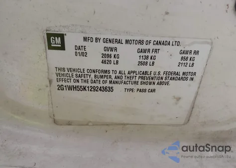 2002 Chevrolet Impala Ls z USA, uszkodzony, nr VIN 2G1WH55K129243635